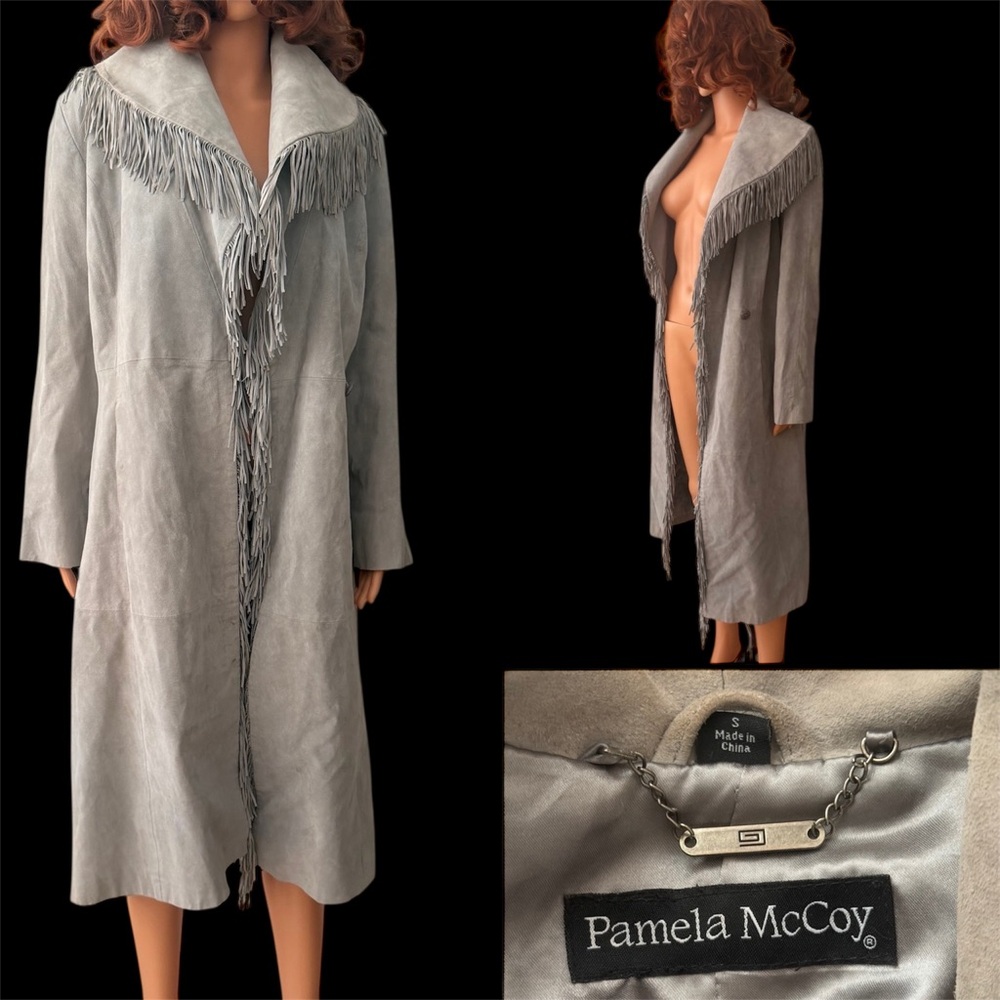 Vintage Pamela McCoy Grey Leather Trench Coat Western Fringe Rodeo Pioneer Small
